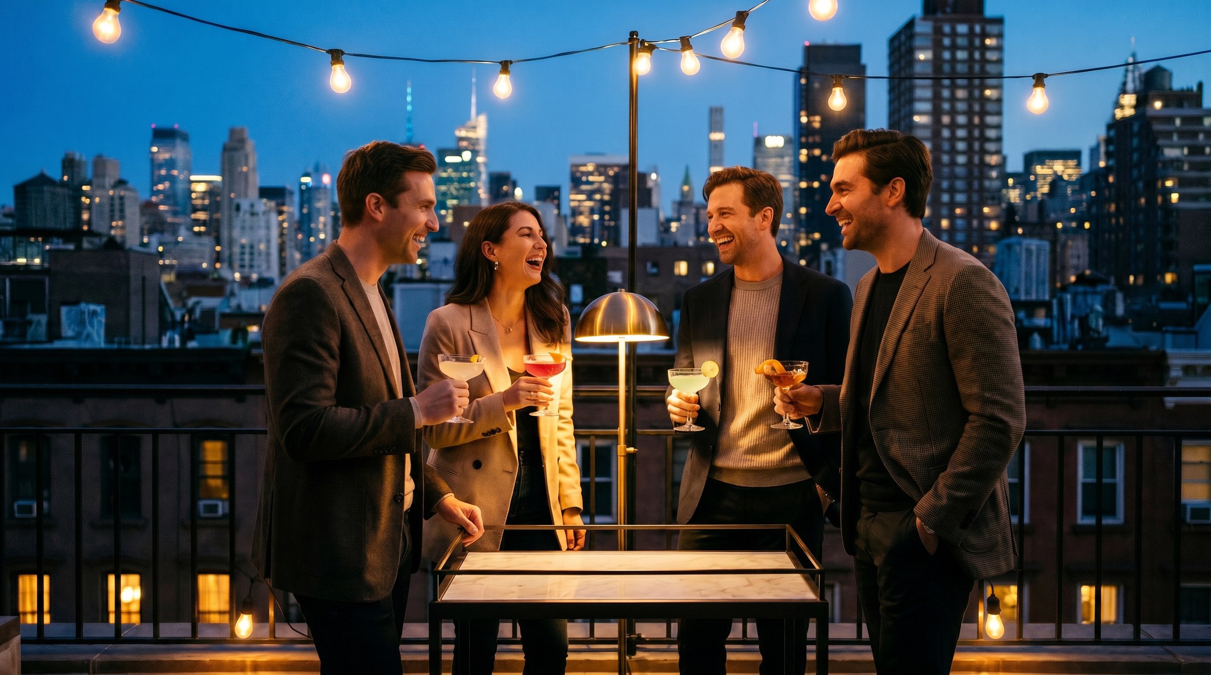 Rooftop scene — friends gathered at blue hour